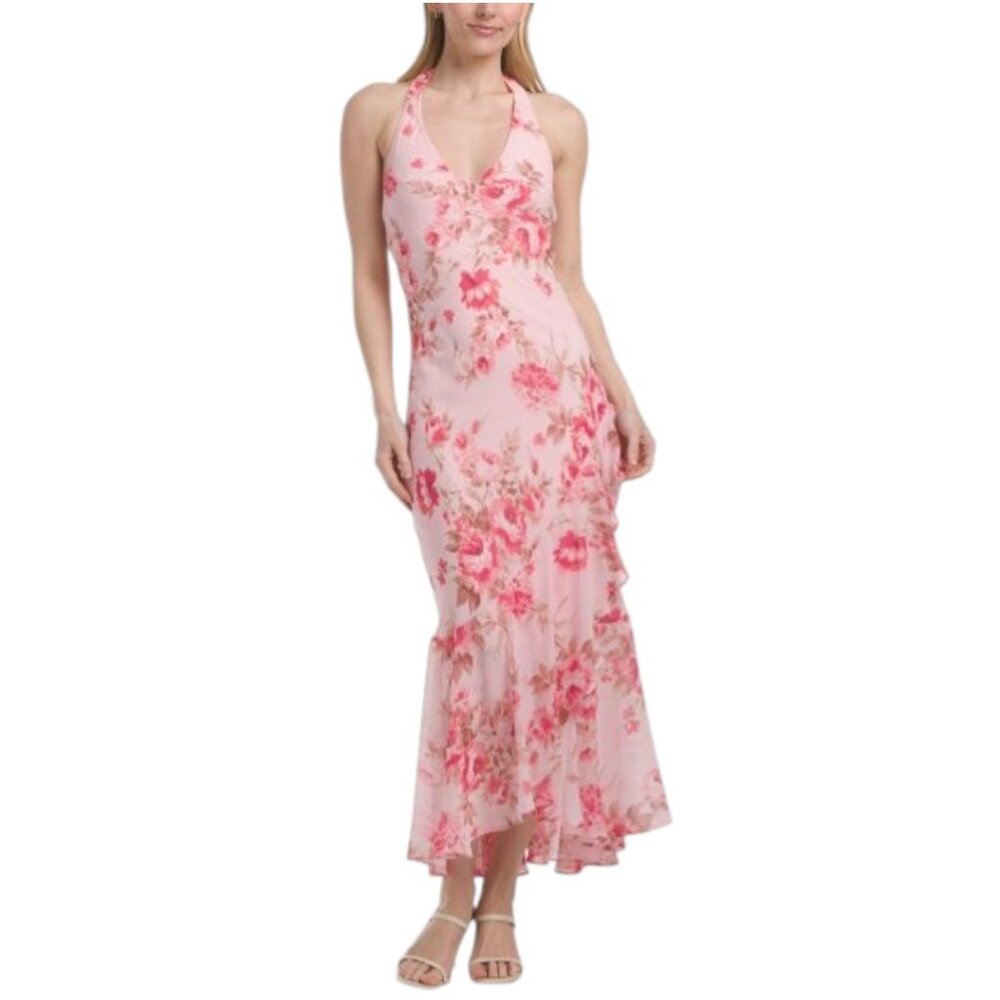 EVOLUTIONARY APPAREL Floral Printed V-neck Chiffon Dress